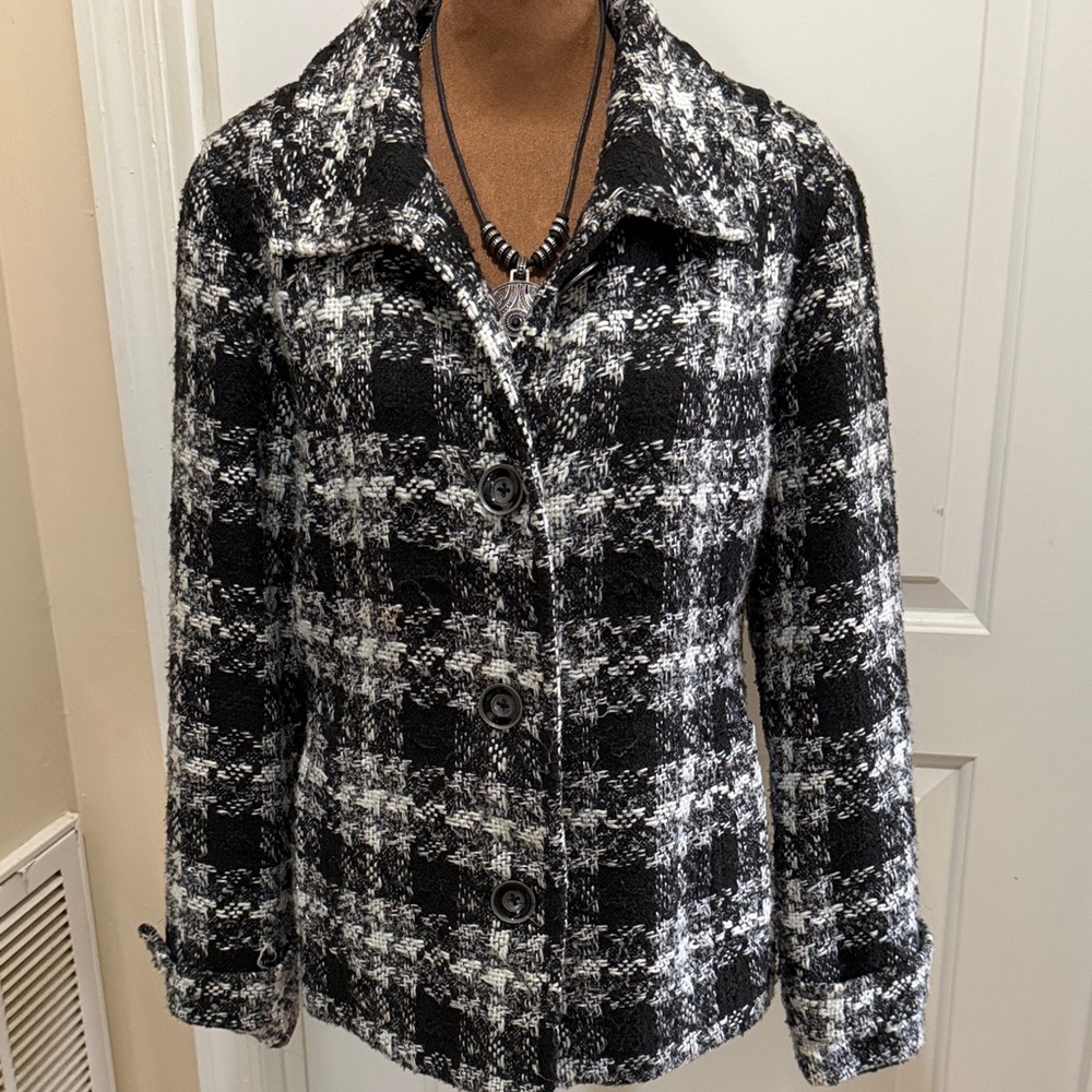 Chico's Black & White Plaid Tweed Button Jacket